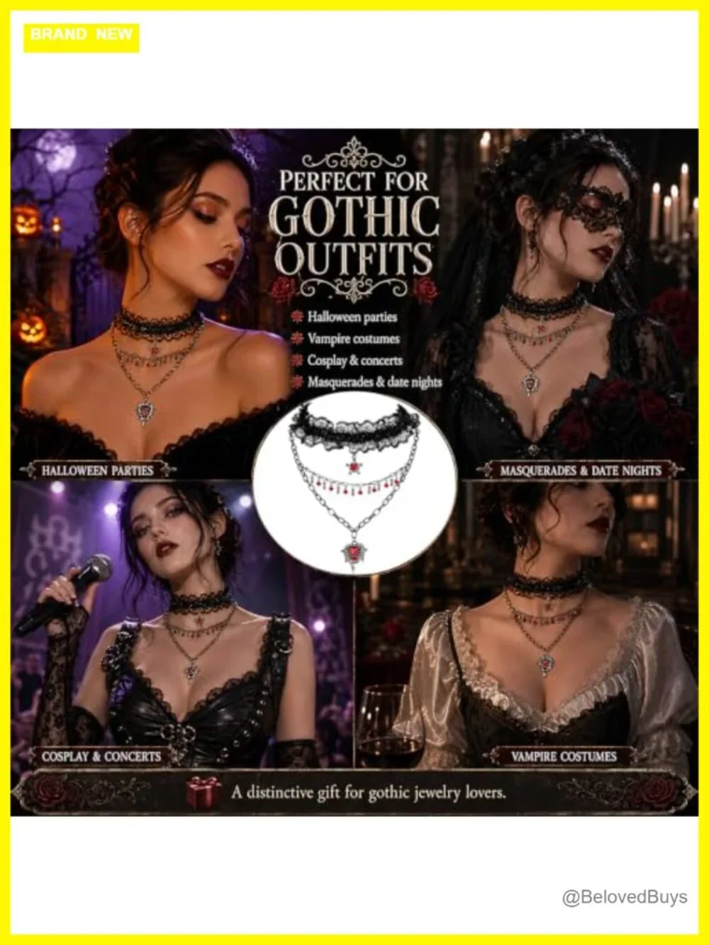 Gothic Black Lace Choker Necklace with Red Dripping Heart Pendant Layered Chain
